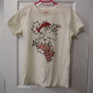 Holiday Girls L (10-12) Christmas Unicorn Cream S/S T-shirt with Festive Lights